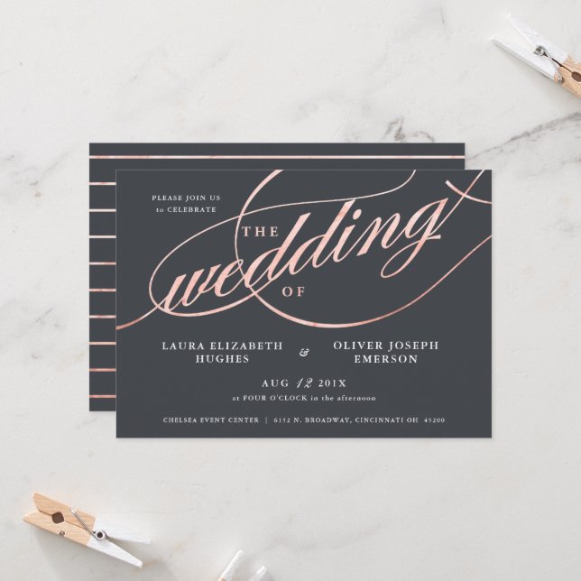 Simple Modern Rose Gold Script Wedding Invitation (Front/Back In Situ)