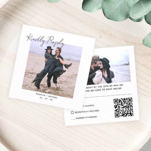 Simple Modern RSVP Wedding Photo QR Code Reply Enclosure Card (Creator Uploaded)