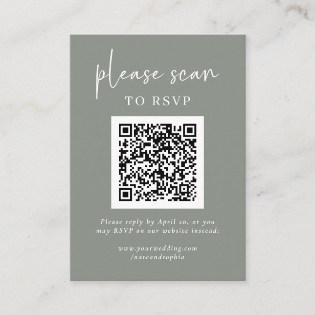 Simple Modern RSVP with QR Code | Sage Green Enclosure Card (Front)