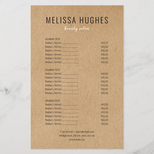 Simple Modern Rustic Kraft Salon Service Menu (Front)