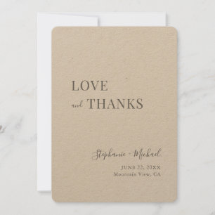 Simple Modern Rustic Love and Thanks Kraft Wedding Thank You Card