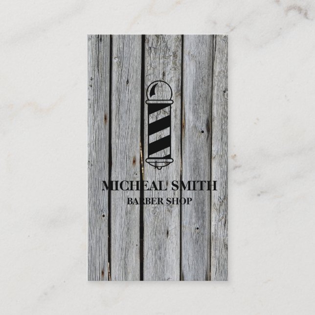 Simple Modern Rustic Wood Pole Barber Shop Business Card (Front)