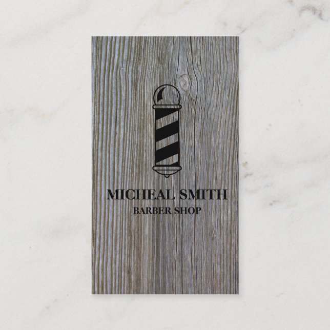 Simple Modern Rustic Wood Pole Barber Shop Business Card (Front)