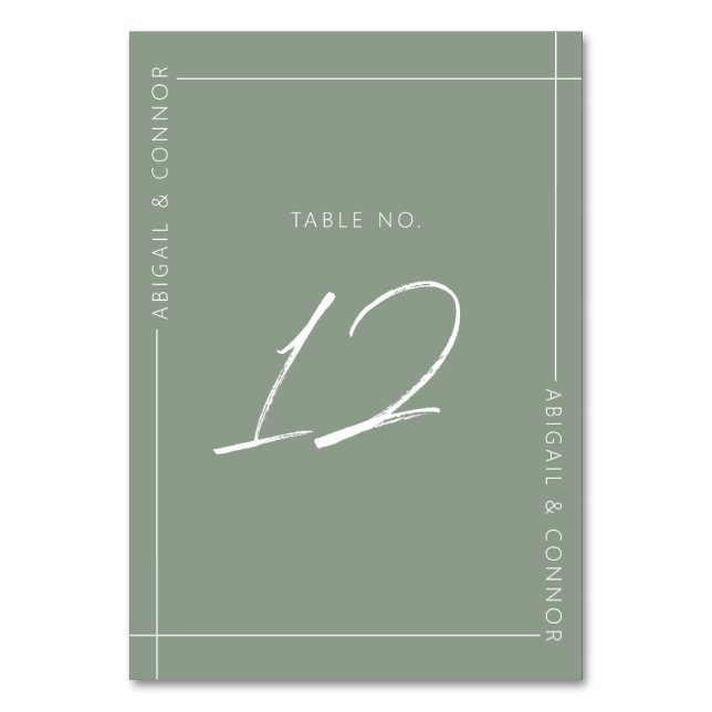 Simple Modern Sage Green Calligraphy Table Number (Front)