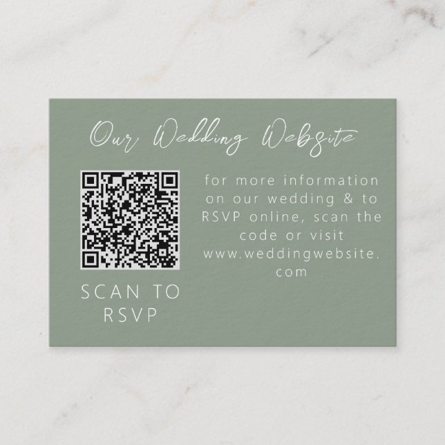 Simple Modern Sage Green Calligraphy Web QR RSVP Enclosure Card (Front)