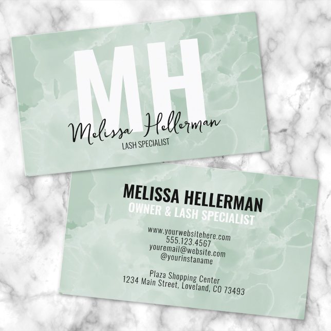 Simple Modern Sage Green Monogram Business Card (Modern Minimal Watercolor Sage Green Monogram Business Card)