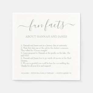 Simple Modern Sage Green Script Fun Facts Wedding Napkin
