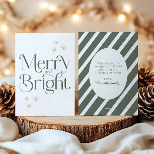 Simple Modern Sage Green Stripes Merry and Bright Holiday Card