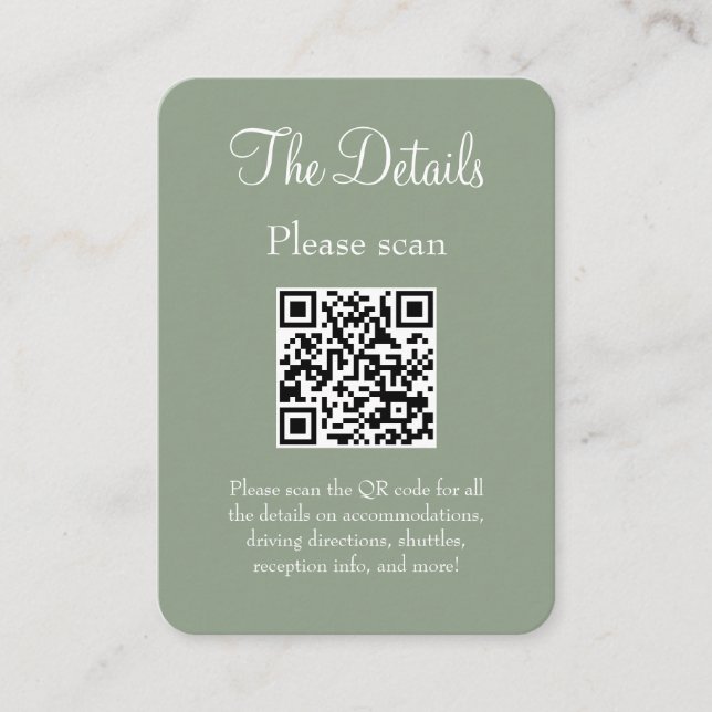 Simple Modern Sage Green Wedding Details QR Code Enclosure Card (Front)
