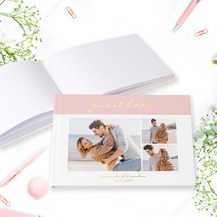 Simple Modern Salmon Pink Handwritten Script Photo Guest Book