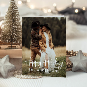 Simple Modern Script and Photo Happy Holidays Holiday Card