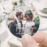 Simple Modern Script and Photo Wedding Thank You Classic Round Sticker<br><div class="desc">Add an elegant personalised touch to wedding thank you cards and reception party favours with custom photo round stickers / envelope seals. The picture and all wording on this template are simple to personalise. "Thank you" can be changed to love & thanks, welcome, the couple's initials, other text, or it...</div>