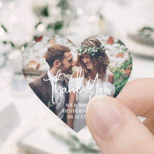 Simple Modern Script and Photo Wedding Thank You Heart Sticker