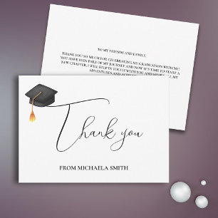 Simple Modern Script Black Graduation Cap Thank You Card