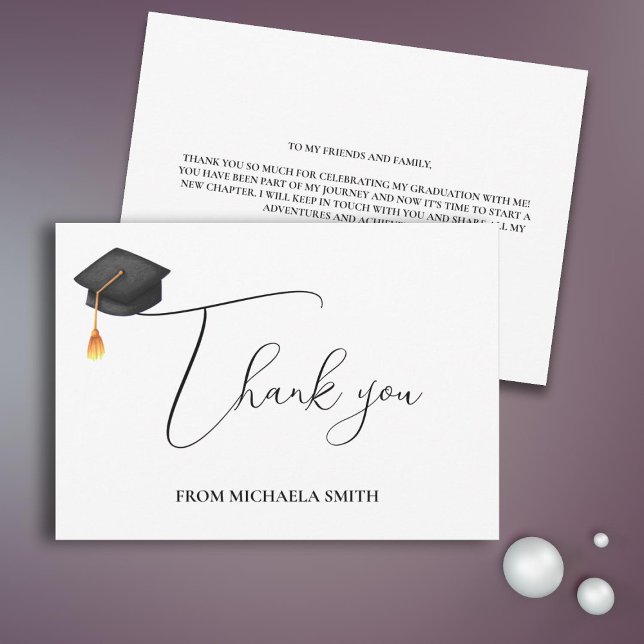 Simple Modern Script Black Graduation Cap Thank You Card (Creator Uploaded)