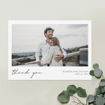 Simple Modern Script Custom Photo Wedding Thank You Card<br><div class="desc">This simple, stylish modern photo wedding thank you card template features 'thank you' and your names and date beneath your photo. We've given this minimalist design a warm touch with 'thank you' in black in a relaxed, all lower case script that feels intimate and familiar. This element of the design...</div>