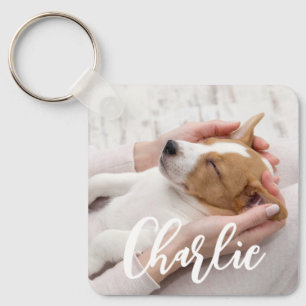 Simple Modern Script Dog Name 2 Photo Key Ring