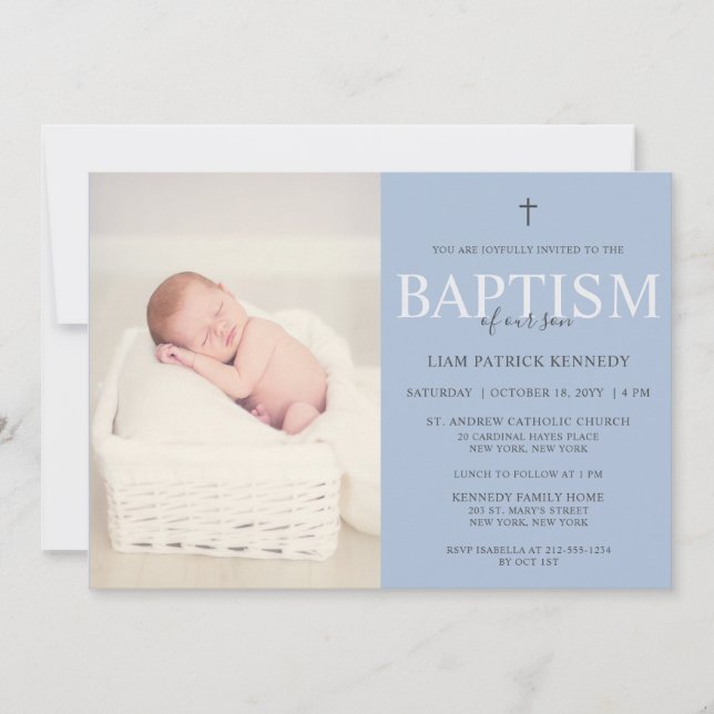 Simple Modern Script Dusty Blue Baptism for Boys Invitation (Front)