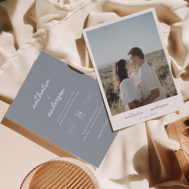 Simple Modern Script Dusty Blue Photo Wedding Invitation (Creator Uploaded)