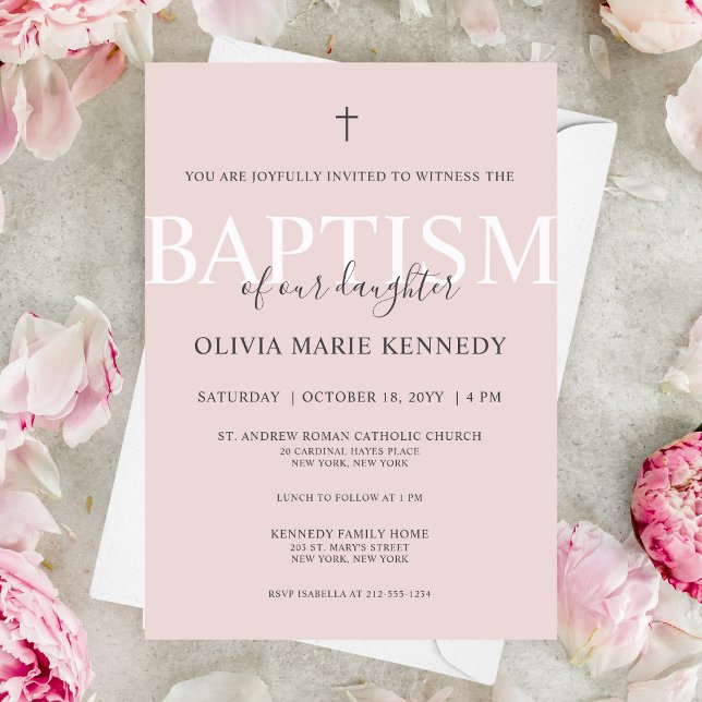 Simple Modern Script Dusty Rose Baptism for Girls Invitation (Moder and elegant, dusty rose baptism invitation)