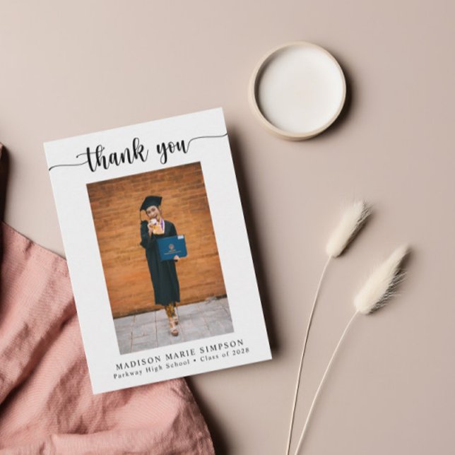 Simple Modern Script Graduation Photo Thank You Card (Creator Uploaded)