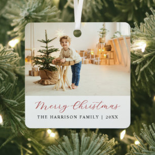 Simple Modern Script Merry Christmas Photo Metal Tree Decoration