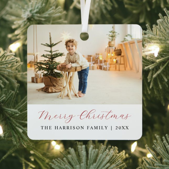 Simple Modern Script Merry Christmas Photo Metal Tree Decoration (Insitu)