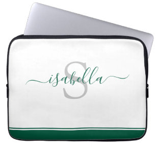 Simple Modern Script Monogram Emerald Green Laptop Sleeve