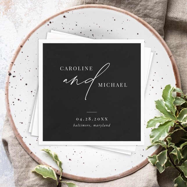 Simple Modern Script Names Black Wedding Napkin (Creator Uploaded)