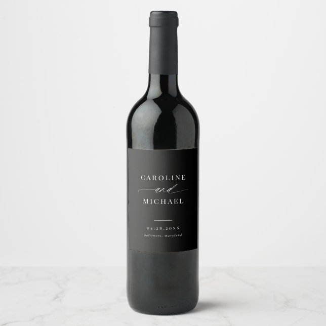 Simple Modern Script Names Black Wedding  Wine Label (Front)