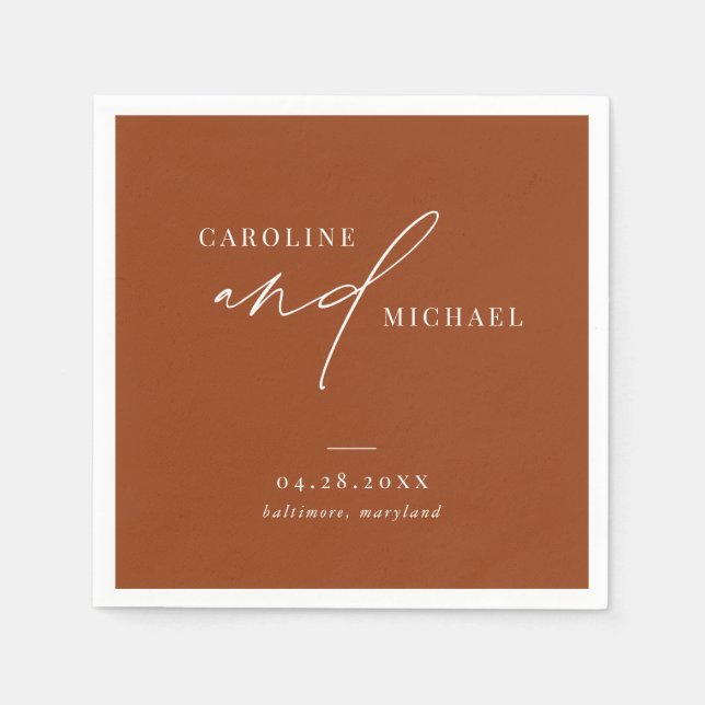 Simple Modern Script Names Boho Brown Wedding Napkin (Front)