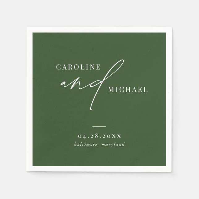 Simple Modern Script Names Green Wedding Napkin (Front)