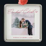Simple Modern Script Our First Christmas Wedding Metal Tree Decoration<br><div class="desc">A beautiful keepsake to celebrate your first Christmas as a married couple. This design features your favorite wedding photo in a simple white frame with the headline "Our first Christmas" in red modern script font. Personalize with your names and years in red. Makes a great gift.</div>
