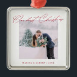 Simple Modern Script Our First Christmas Wedding Metal Tree Decoration<br><div class="desc">A beautiful keepsake to celebrate your first Christmas as a married couple. This design features your favorite wedding photo in a simple white frame with the headline "Our first Christmas" in red modern script font. Personalize with your names and years in red. Makes a great gift.</div>