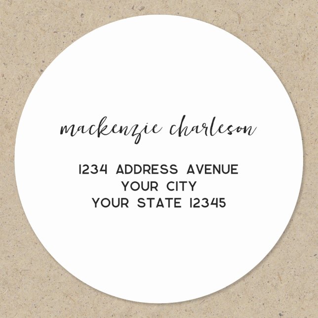 Simple Modern Script Personalised Name Address Classic Round Sticker (Simple modern minimalist script personalized return address sticker)