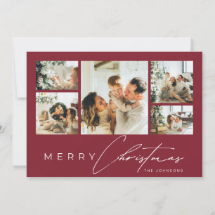 Simple Modern Script Photo Collage Red Christmas Holiday Card