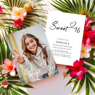 Simple Modern Script Typography Sweet 16 Photo Invitation