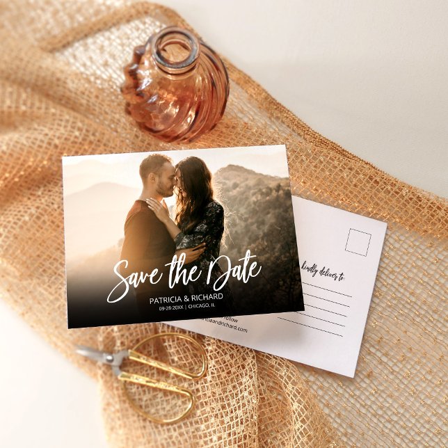 Simple Modern Script Wedding Save The Date Photo Postcard (Creator Uploaded)