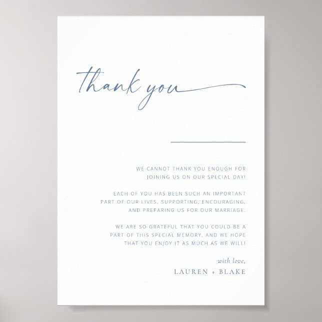 Simple Modern Script Wedding Thank You Sign | Blue (Front)