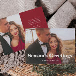 Simple Modern Seasons Greetings with Photo Holiday Card<br><div class="desc">This simple and stylish holiday photo card says "Season's Greetings" in bold,  white elegant modern typography with your favourite personal family photo across the front of the card. Your personal holiday message can go on the back,  with a minimalist red and white design.</div>