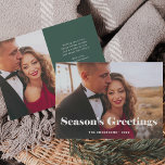 Simple Modern Seasons Greetings with Photo Holiday Card<br><div class="desc">This simple and stylish holiday photo card says "Season's Greetings" in bold,  white elegant modern typography with your favourite personal family photo across the front of the card. Your personal holiday message can go on the back,  with a minimalist green and white design.</div>