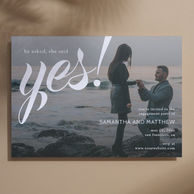 Simple Modern She Said Yes Photo Engagement Party Invitation (He asked, She Said Yes Engagement Party Invitation with background photo of marriage proposal)