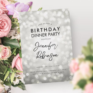 Simple Modern Silver Lights Birthday Dinner Party Invitation