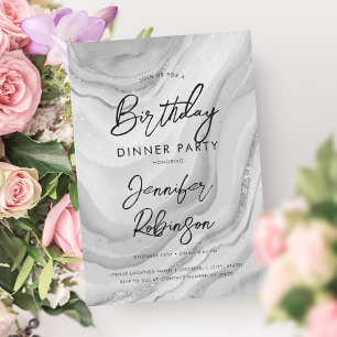 Simple Modern Silver Marble Birthday Dinner Party Invitation