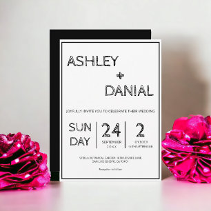 Simple Modern Sketch Script Black White Wedding Invitation