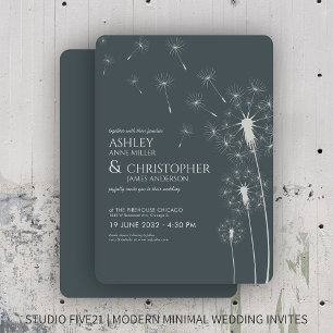 Simple Modern Slate Grey Dandelion Wedding Invitation