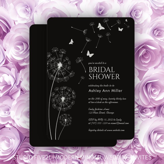 Simple Modern Smoke Black Dandelion Bridal Shower Invitation (Creator Uploaded)
