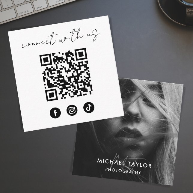 Simple Modern Social Media QR Code Photo Connect  Square Business Card (Creator Uploaded)