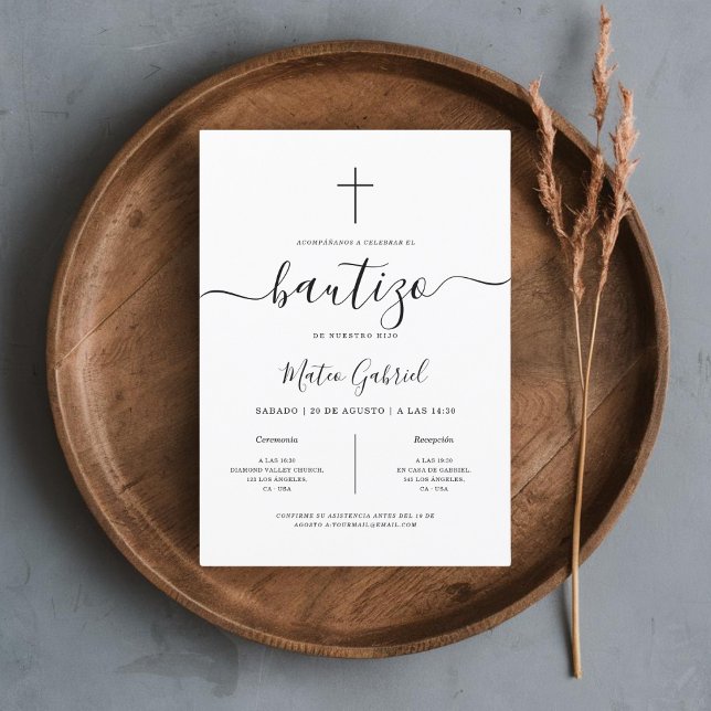 Simple Modern Spanish Invitación De Bautizo White Invitation (Creator Uploaded)
