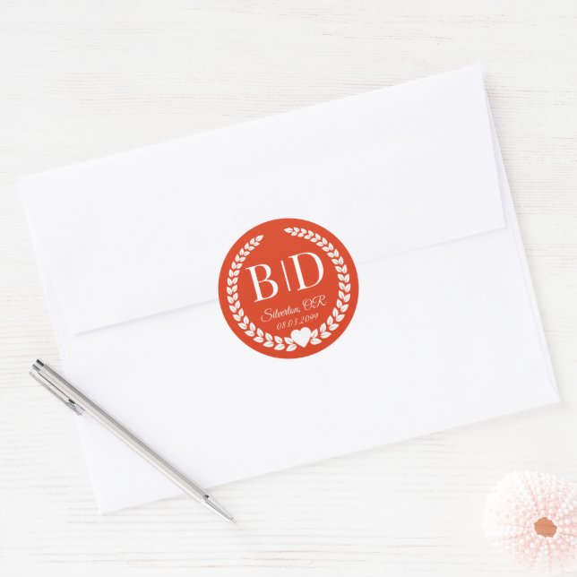 Simple Modern Spicy Burnt Orange Monogram Wedding Classic Round Sticker (Envelope)